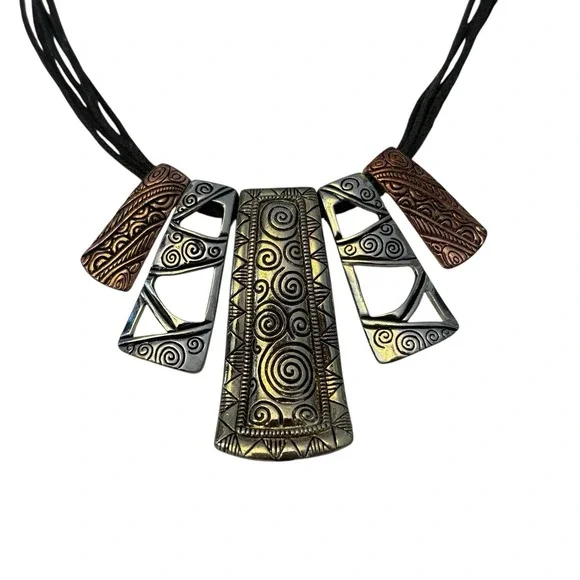Drop Pendant Necklace Antiqued Metal Design Embossed Black‎ Multi-strand Cord - Picture 12 of 16